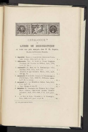 Catalogue de livres der numismatique en vente aux prix marqués, chez M. Ch. Dupriez