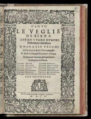 Orazio Vecchi: Le Veglie di Siena ... Canto