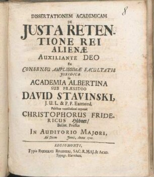 Dissertationem Academicam De Justa Retentione Rei Alienæ