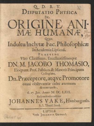 Disputatio Physica De Origine Animae Humanae