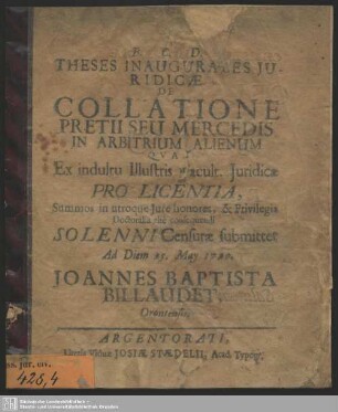 Theses Inaugurales Iuridicae De Collatione Pretii Seu Mercedis In Arbitrium Alienum