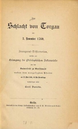 Zur Schlacht von Torgau am 3. November 1760 : Inaugural-Dissertation