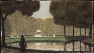 Osterholzer Friedhof, Bremen: Perspektivische Ansicht mit Blick auf ein rundes Wasserbecken mit Bank und kleinem rundtempelartigen Pavillon im Hintergrund