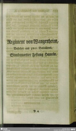 Regiment von Wangenheim, Bestehet aus zwei Bataillons. Standquartier Festung Hameln