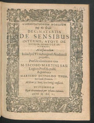 Exercitationum Nobilium Peri tēs Psychēs Decimatertia De Sensibus Internis, Atque De Vigilia, Somno Et Insomniis