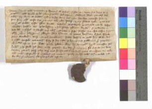 [Text = U / 1332 August 6]. Mit Eid besagt vor Salman, Kämmerer, dem Schultheißen und den Richtern Volkmar, Scherplin und Willekin. "1333 feria quarta post octavam Epiphanie domini."