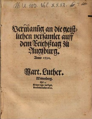 Vermanung an die geistlichen versamlet auff dem Reichßtag zu Augsburg, Anno 1530