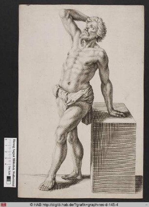 Figurenstudie eines Mannes, der sich mit dem rechten Arm auf ein Podest stützt.
