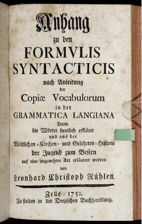 Anhang: Anhang zu den Formvlis Syntacticis nach Anleitung der Copiæ Vocabulorum in der Grammatica Langiana.