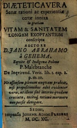 Diaetetica vera : sanae rationi ac experientiae certae innixa