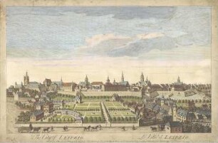 Ansicht der Stadt Leipzig, Kupferst.,ca. 1750 : The City of Leipzig = Le Ville de Leipzig. - [London] : John Bowles ; [London] : Rob. Sayer , [ca. 1750]. - 1 Kunstblatt : mehrfarb. Stich ; 40 X 25 cm