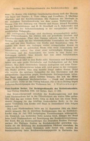 495-498 [Rezension] Becker, Hans-Joachim, Zur Rechtsproblematik des Reichskonkordats