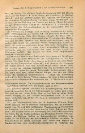 495-498 [Rezension] Becker, Hans-Joachim, Zur Rechtsproblematik des Reichskonkordats