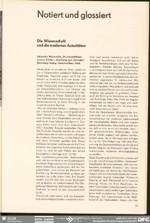 Die Wissenschaft und die tradierten Autoritäten Alexander Mitscherlich „Die Unwirtlichkeit unserer Städte – Anstiftung zum Unfrieden" : Notiert und glossiert
