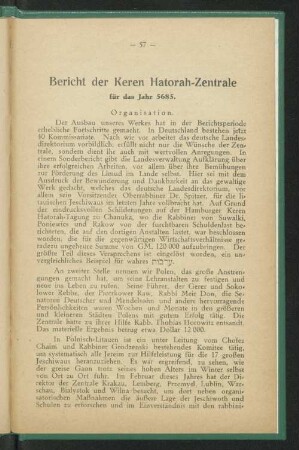 Bericht der Keren Hatorah-Zentrale für das Jahr 5685.