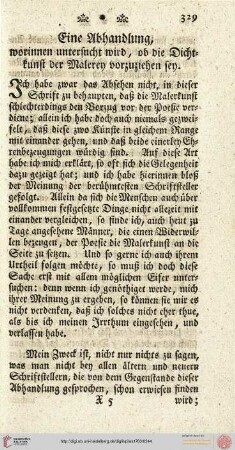 Eine Abhandlung, worinnen untersucht wird, ob die Dichtung der Malerey vorzuziehen sey