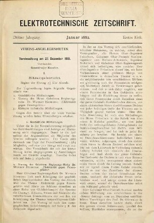 Elektrotechnische Zeitschrift : ETZ ; Organ des Verbandes Deutscher Elektrotechniker (VDE). 3. 1882