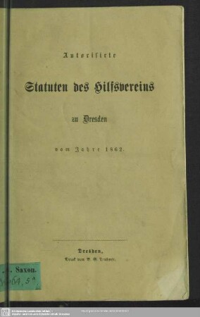 Autorisirte Statuten des Hilfsvereins zu Dresden vom Jahre 1862