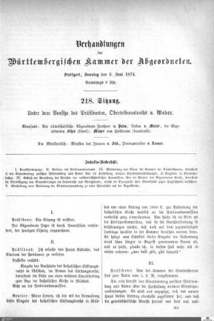 218. Sitzung, Stuttgart, 6.6.1874