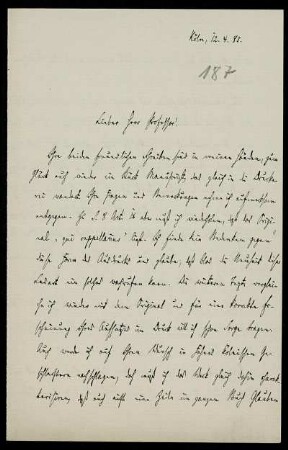 Nr. 7: Brief von Konstantin Höhlbaum an Ferdinand Frensdorff, Köln, 12.4.1883
