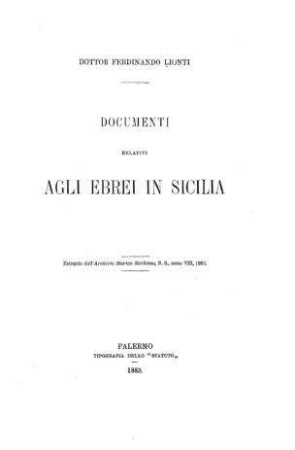 Documenti relativi agli Ebrei in Sicilia / [von] Ferdinando Lionti