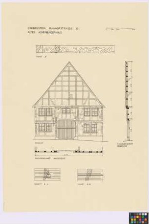 Grebenstein (Landkreis Kassel): Bahnhofstraße 39, Altes Ackerbürgerhaus. - Haupthaus (Giebel-Ansicht, Giebel-Horizontalschnitt, Giebel-Vertikalschnitt). - Punkt A (Ansicht). - Einzelheiten (zwei Schnitte)