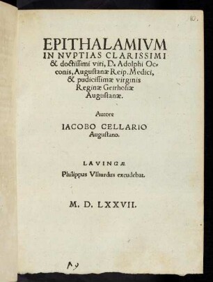 Epithalamium in nuptias clarissimi viri D. Adolphi Occonis ... et virginis Reginae Geirhosiae Augustanae