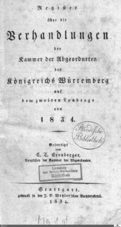 1,7: Landtag Württemberg - Kammer 2, Register 1833-2. Landtag
