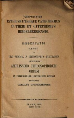 Comparantur inter seuterque catechismus Lutheri et catechismus Heidelbergensis
