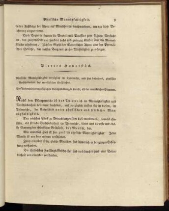 Viertes Hauptstück. Physische Mannigfaltigkeit vorzüglich im Thierreiche, und hier besonders, physische Verschiedenheit des menschlichen Geschlechts. Verschiedenheit der menschlichen Gesichtsbildungen sowohl, als der menschlichen Stimmen.
