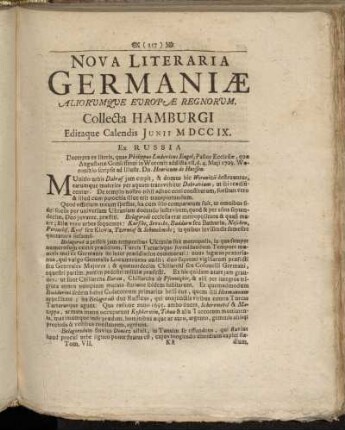 Nova Literaria Germaniæ...Collecta Hamburgi Editaque Calendis Junii MDCCIX.