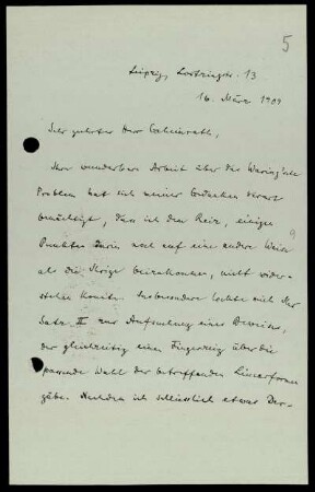 Nr. 5: Brief von Felix Hausdorff an David Hilbert, Leipzig, 16.3.1909