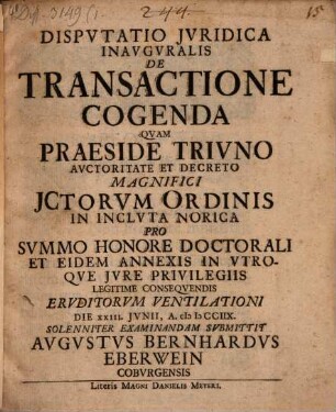 Dispvtatio Jvridica Inavgvralis De Transactione Cogenda