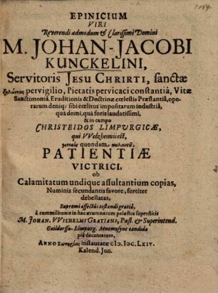 Epinicium Viri Reverendi admodum et Clarissimi Domini M. Johan-Jacobi Kunckelini ...