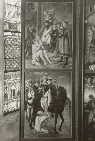 Döbeln, Nicolaikirche, Innenraum, Altar : Flügelaltar, 2. Wandlung, linker Flüge mit den Heiligen Hiob und Martin, Temperagemälde