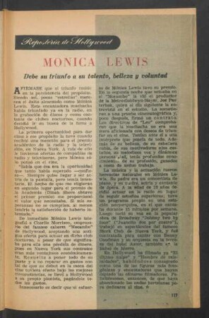Monica Lewis - debe su triunfo a su talento, belleza y voluntad : Repostería de Hollywood