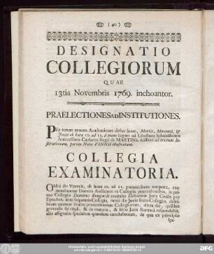 Designatio Collegiorum Quae 13tia Novembris 1769. inchoantor.