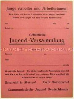 Blanko-Flugblatt der Kommunistischen Jugend Deutschlands zur Ankündigung einer Versammlung