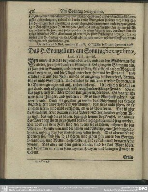 Das H. Evangelium, am Sonntag Sexagesimae. Luc. VIII, 4-16
