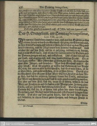 Das H. Evangelium, am Sonntag Sexagesimae. Luc. VIII, 4-16