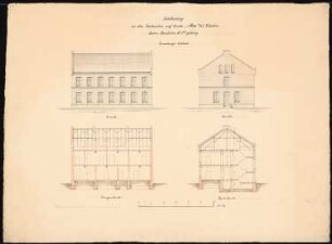 Grube Ilse (Kunheim & Co.), Großräschen/Bückgen Verwaltungsgebäude: Ansicht von der Traufseite, Ansicht von der Giebelseite, Längsschnitt, Querschnitt