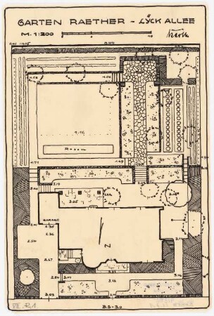 Garten Raether, Berlin-Charlottenburg: Garten im Grundriss 1:200, Maßstabsleiste