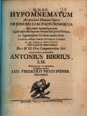 Hypomnematum ad praeclari Grotiani operis De iure belli ac pacis primordia specimen tumultuarium