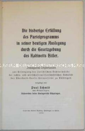 Dissertation über den Stand der Erfüllung des NSDAP-Parteiprogramms durch die Hitler-Regierung