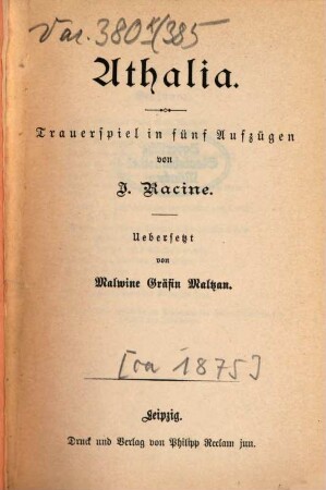 Athalia : Trauerspiel in fünf Aufzügen