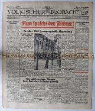 Tageszeitung "Völkischer Beobachter" u.a. zur angekündigten Reichstagsrede von Hitler über die deutsche Außenpolitik