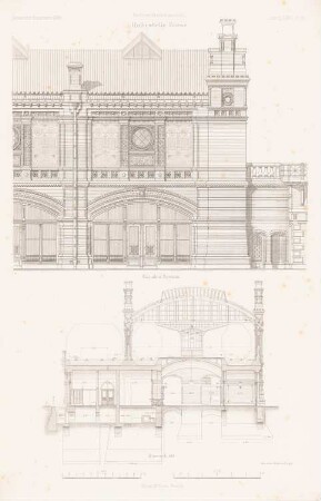 Haltestelle Börse, Berlin: Ansicht, Querschnitt (aus: Atlas zur Zeitschrift für Bauwesen, hrsg. v. G. Erbkam, Jg. 34, 1884)