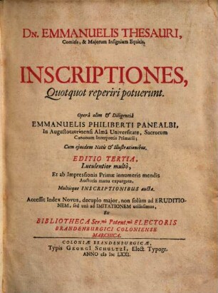 Emmanuelis Thesauri ... inscriptiones, quotquot reperiri potuerunt