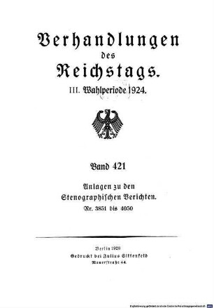 Verhandlungen des Reichstages. Stenographische Berichte. 421. 1924