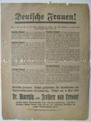 Wahlaufruf der Nationalliberalen Vereinigung an die Frauen zur Reichstagswahl 1924